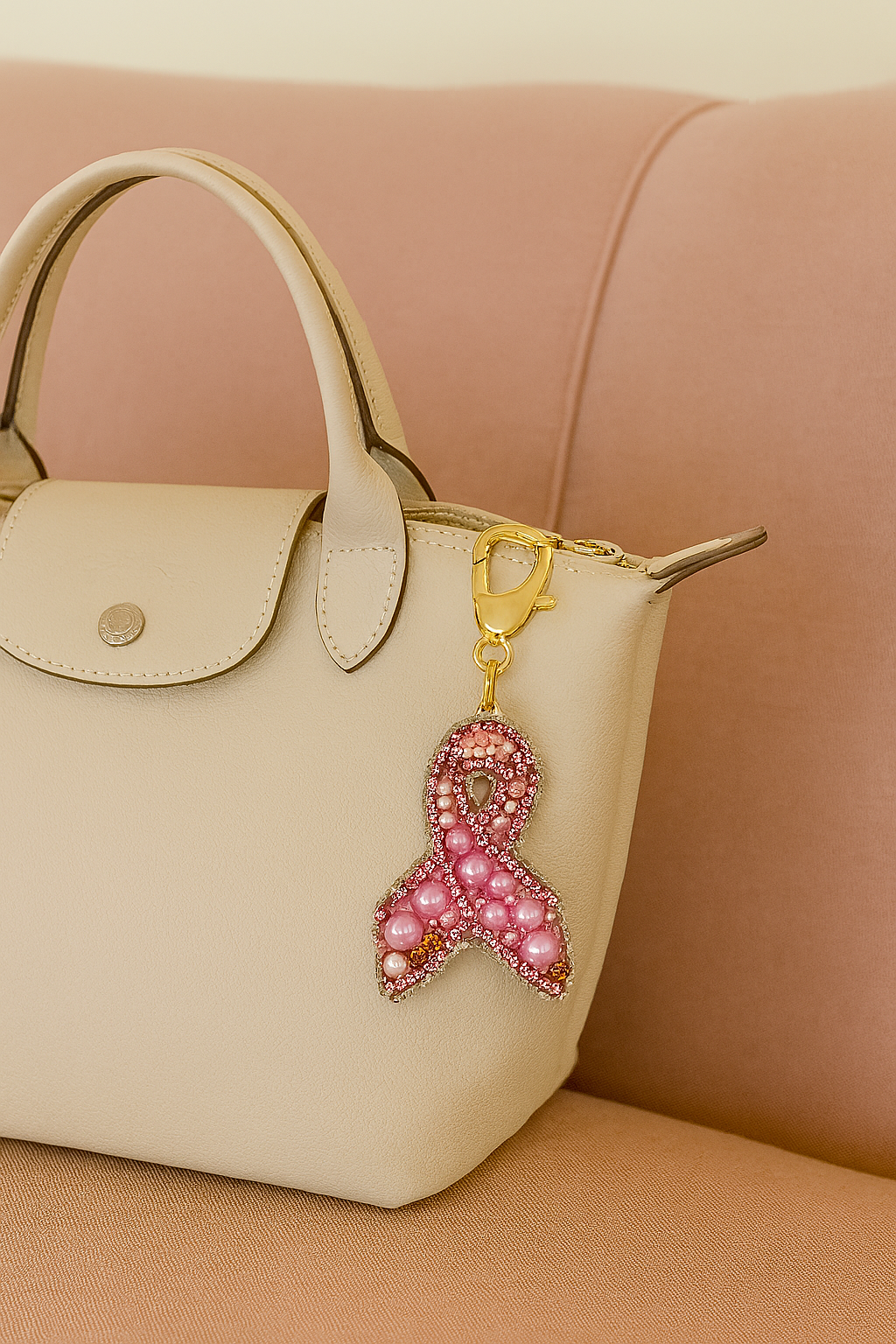 Colgante para bolso con lazo rosa.