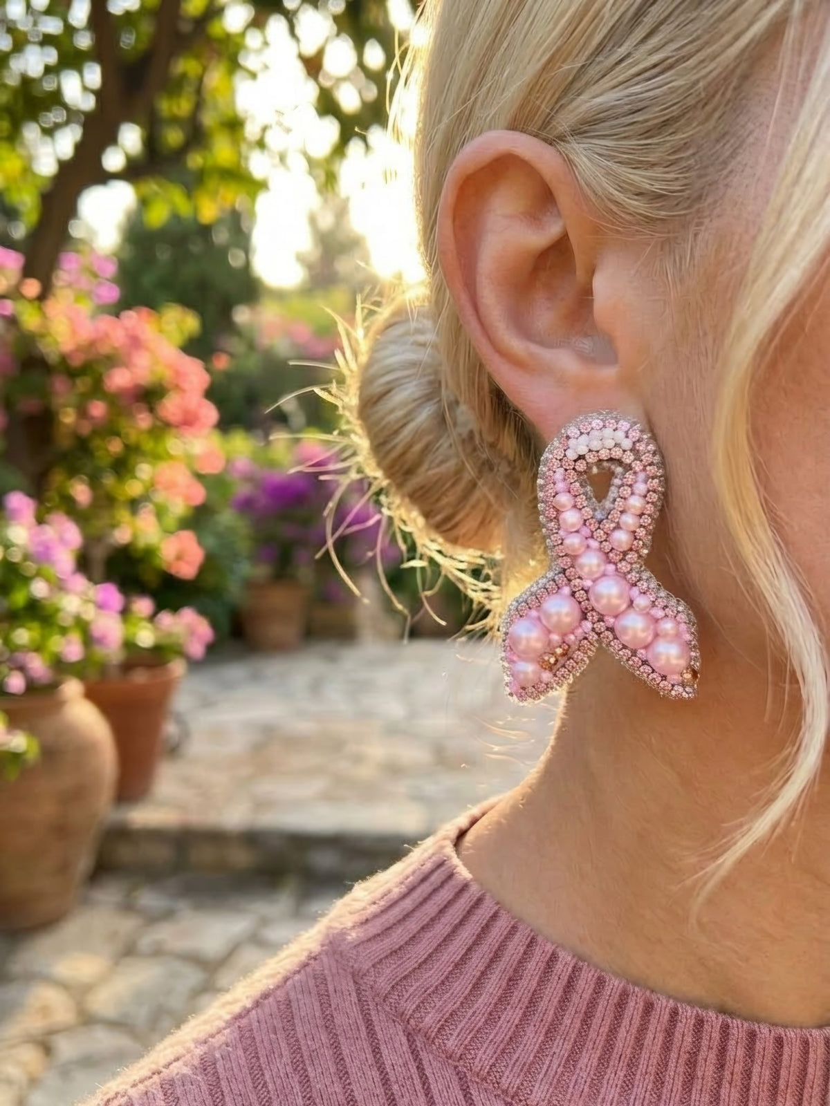 Pink Ribbon Haute Couture Jewelry Set – Handmade Brooch & Earrings