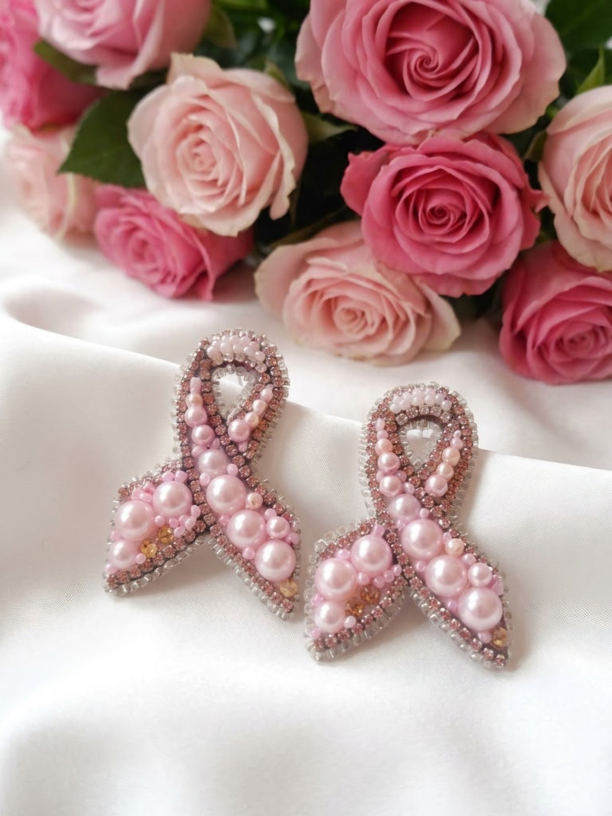 Pink Ribbon Haute Couture Jewelry Set – Handmade Brooch & Earrings