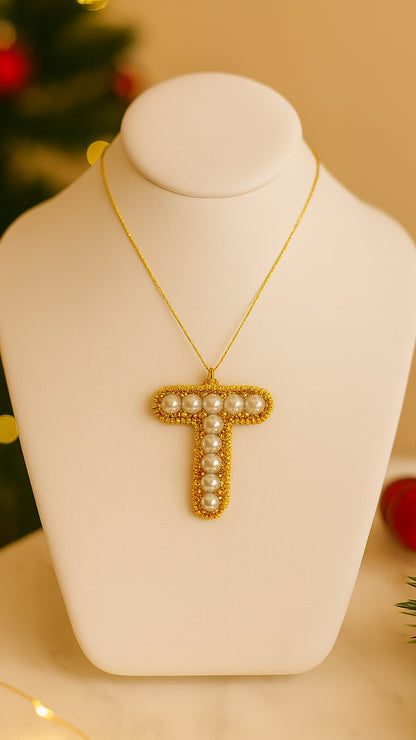 Pearls "T" Custom Initial Pendant Necklace