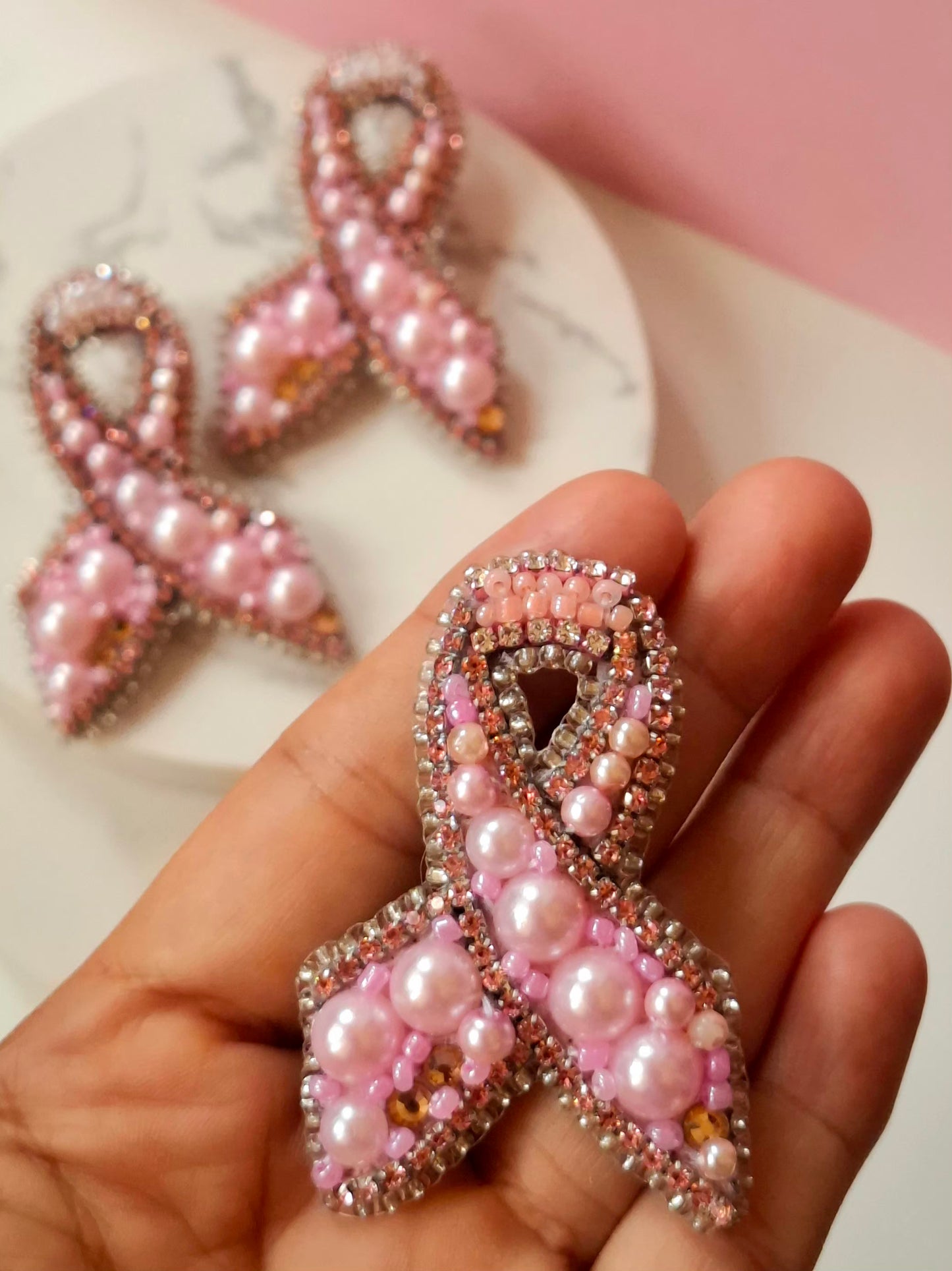 Pink Ribbon Haute Couture Jewelry Set – Handmade Brooch & Earrings